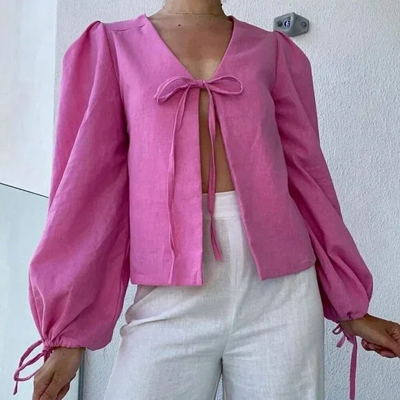 Hot Pink Casual Women's Solid Color Front Tie Lantern Sleeve Loose Blouse - Picture 4 of 5